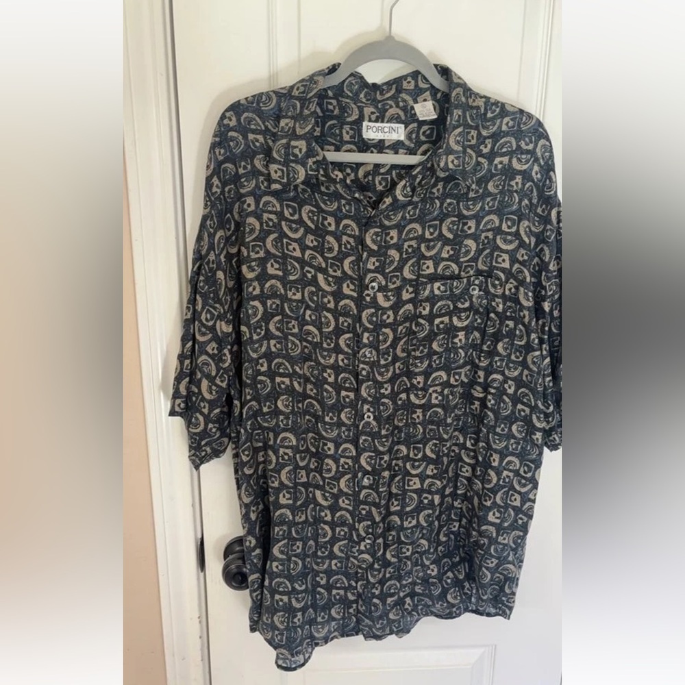 PORCINI 100% Silk Short Sleeve Button-Up in Dark Blue and Beige XL Vintage